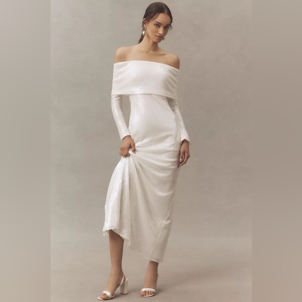 Mare Mare Long-Sleeve Off-Shoulder Sequin Stretch Knit Maxi Dress Small EUC $298